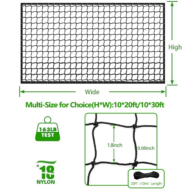 Wiseek 10'x10' Baseball Softball Backstop Nets  Heavy Duty Sports Netting Barrier Net #18 Nylon Baseball Netting Black Net - Image 2